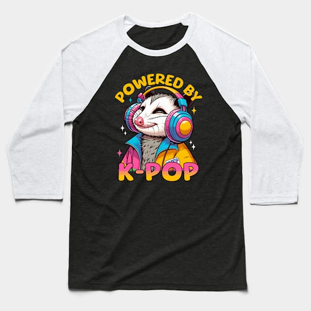 Powered By K Pop 80s Retro Opossum Baseball T-Shirt by Moved